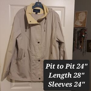 Womens Mackintosh New England Tan & Yellow Hooded Full Snap Up Rain Coat Size XL